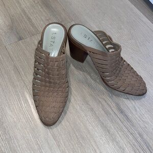 1. STATE size 7.5 Licha Mules Brown beige Woven Leather Slip On Block HEELS